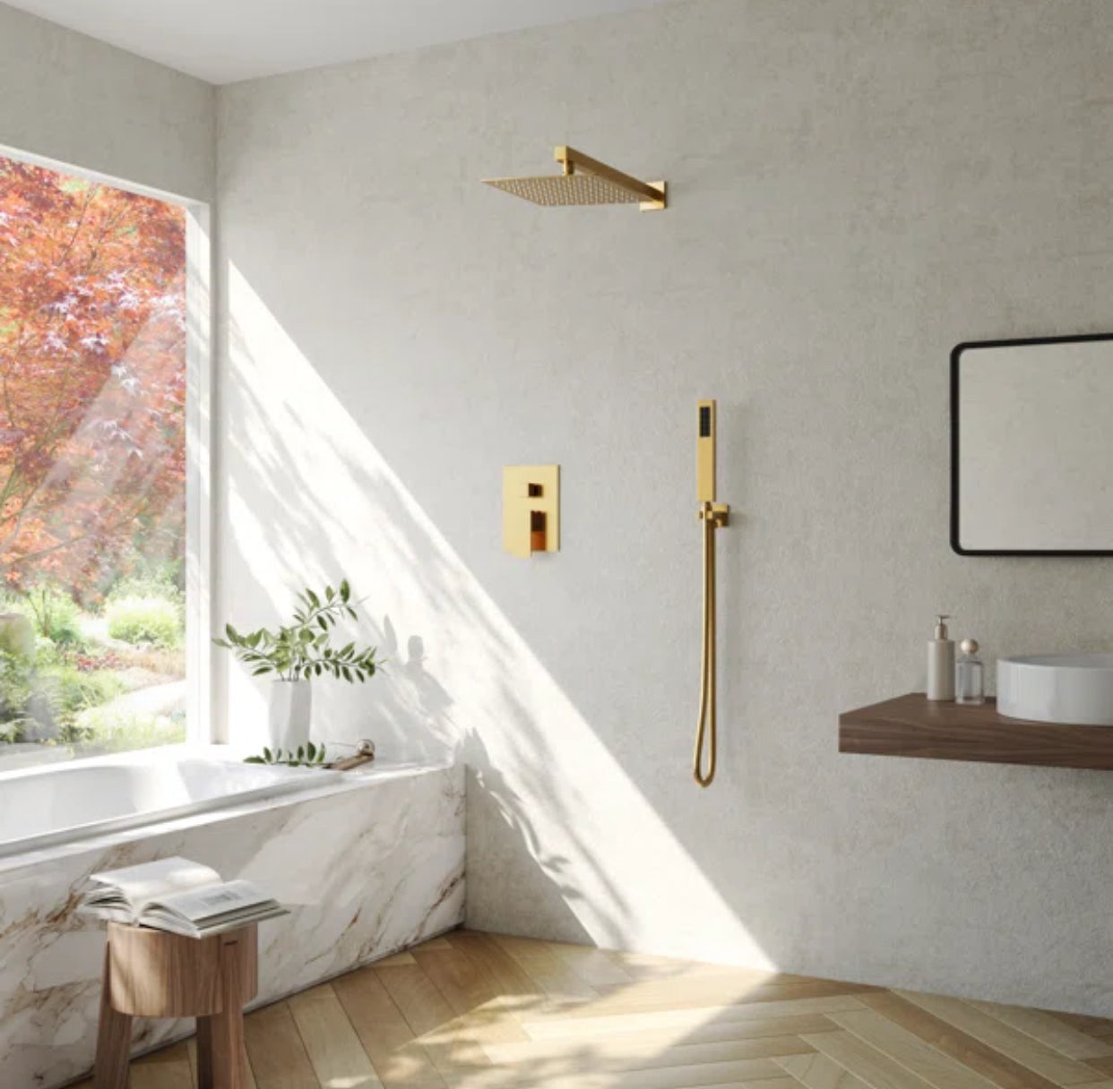 Square Shower System Two Functions With Pressure-Balance Valve Brushed Gold Finish