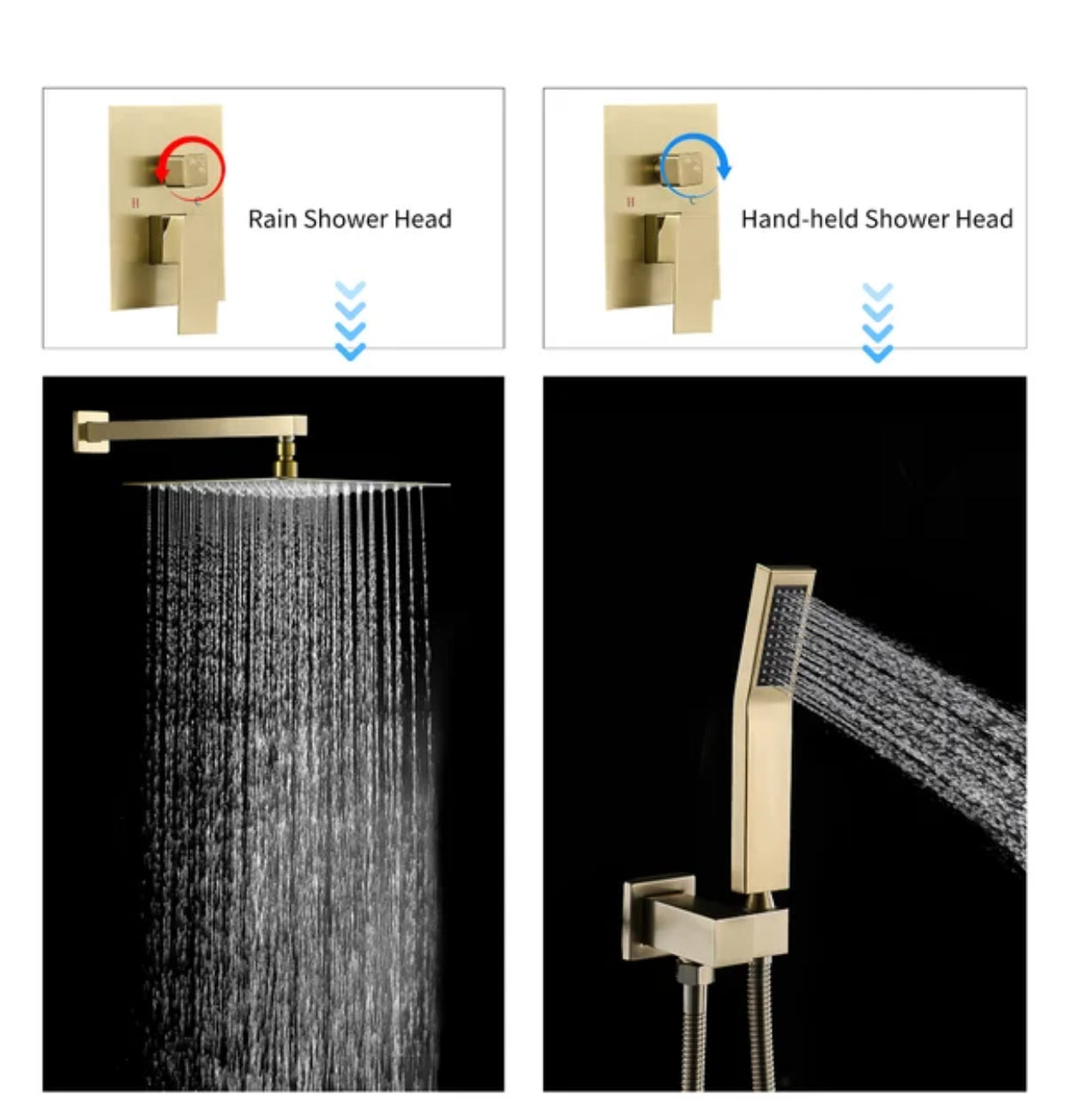 Square Shower System Two Functions With Pressure-Balance Valve Brushed Gold Finish