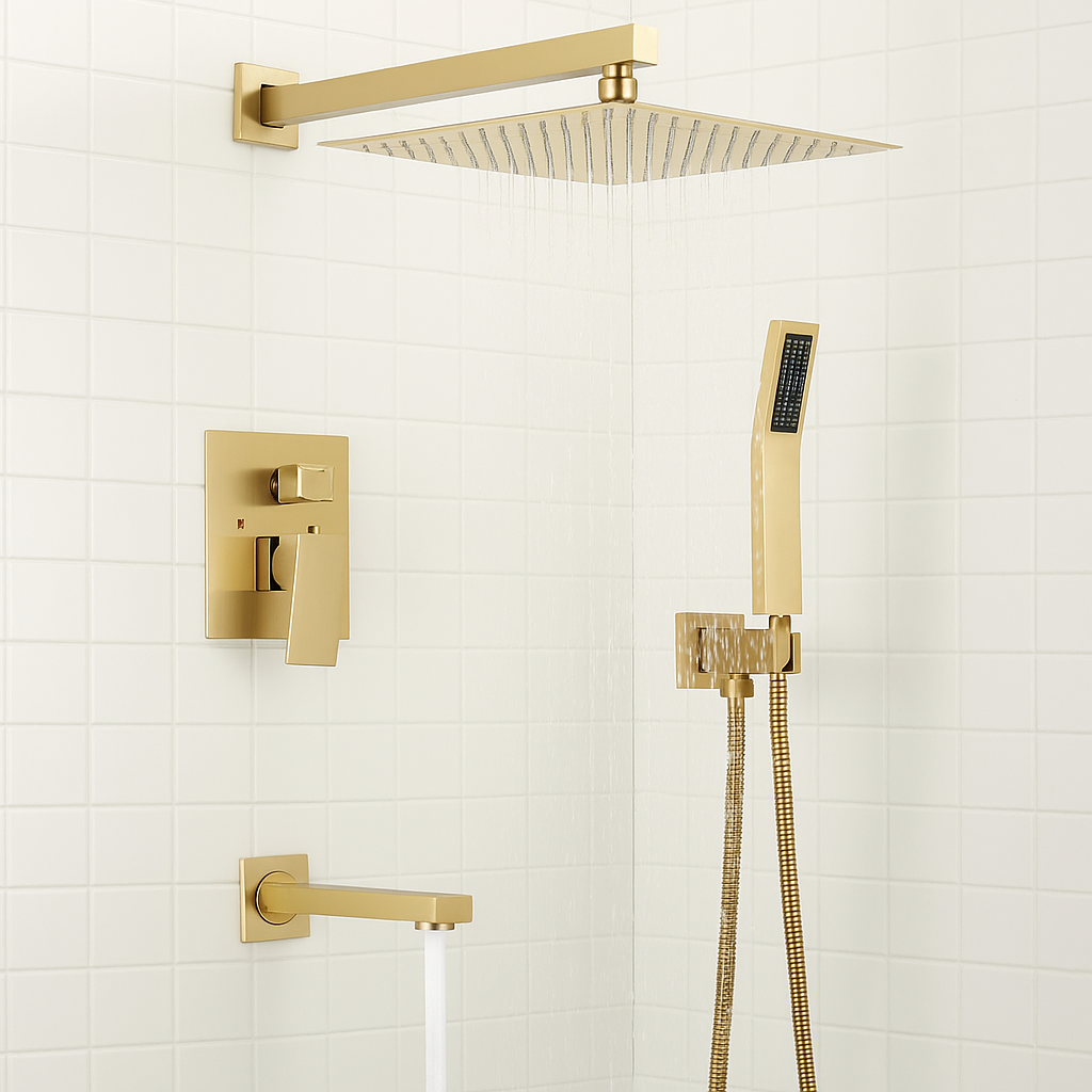 Square Tub Shower System Three Functions With Pressure-Balance Valve Brushed Gold Finish