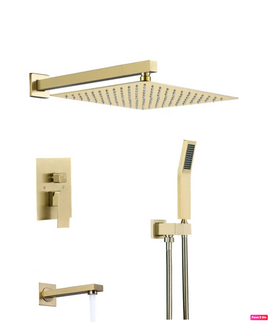 Square Tub Shower System Three Functions With Pressure-Balance Valve Brushed Gold Finish