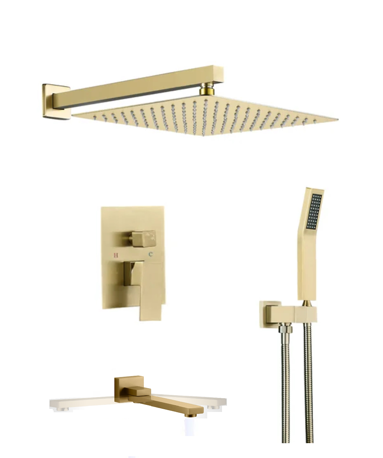 Swirling Spout Tub Shower System Set Three Function With Pressure-Balance Valve Brushed Gold Finish