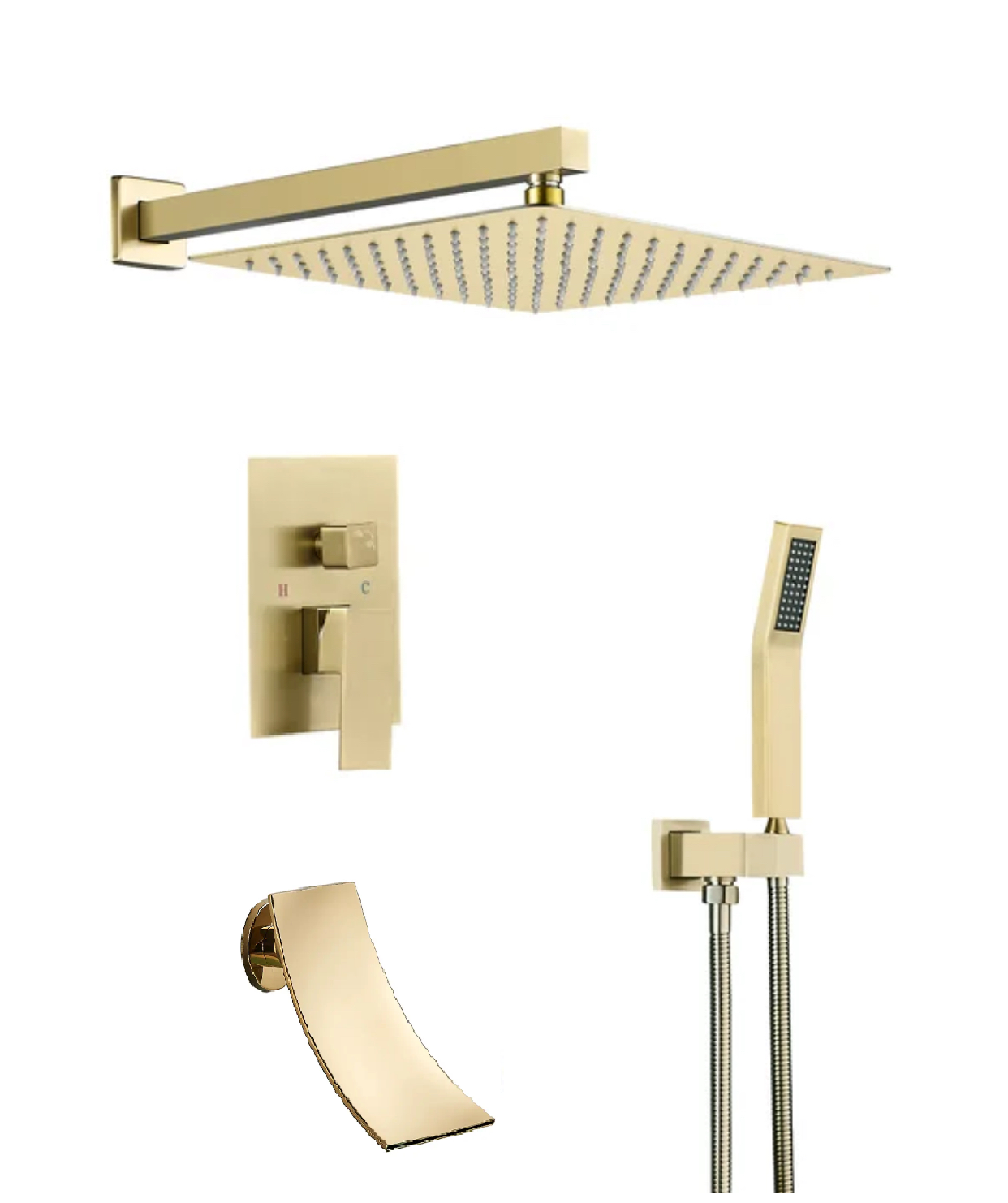 Waterfall Spout Shower System Set – Three Functions with Pressure Balance Valve | Brushed Gold Finish