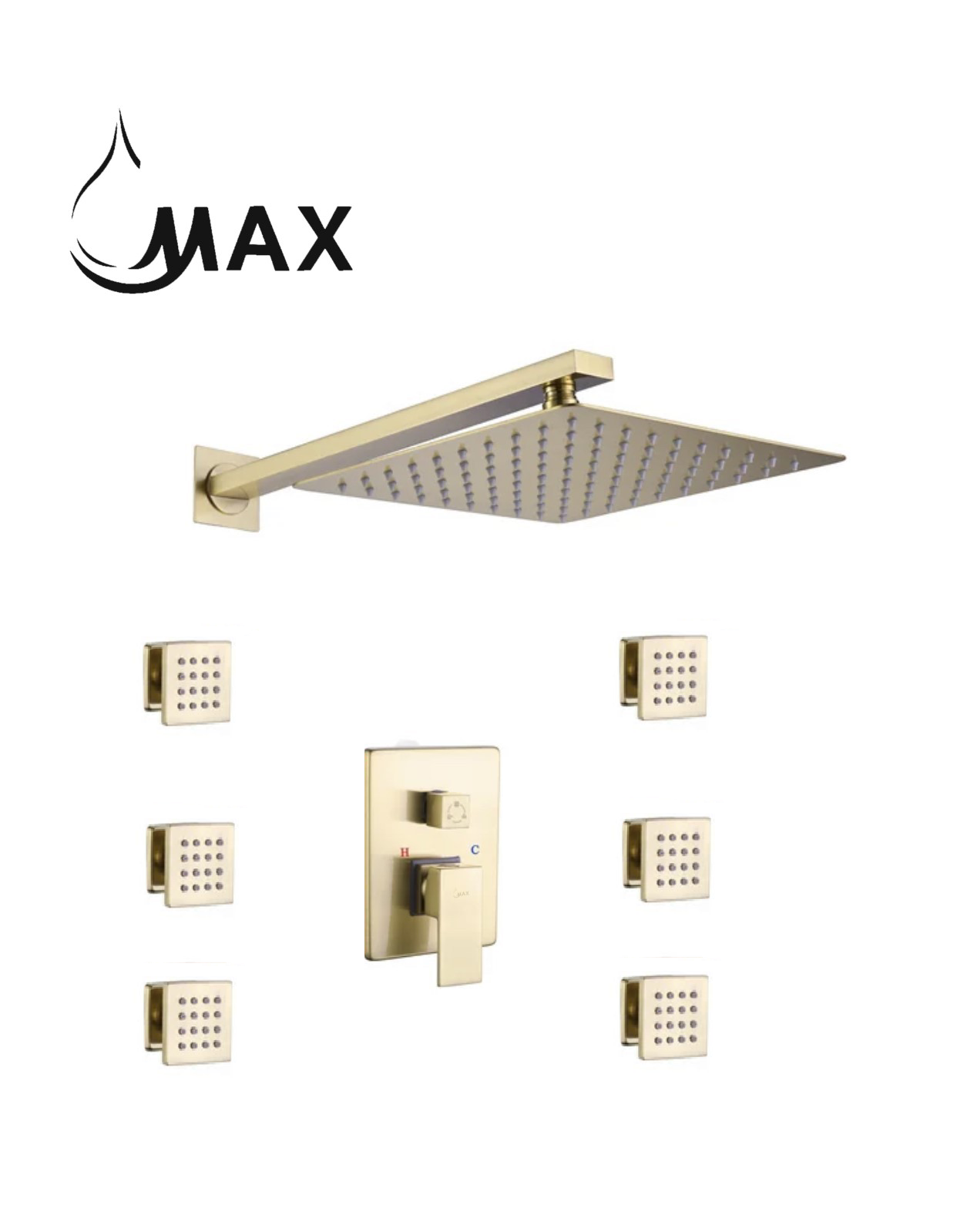 Wall Shower System Set Two Functions With 6 Body Jets Brushed Gold Finish