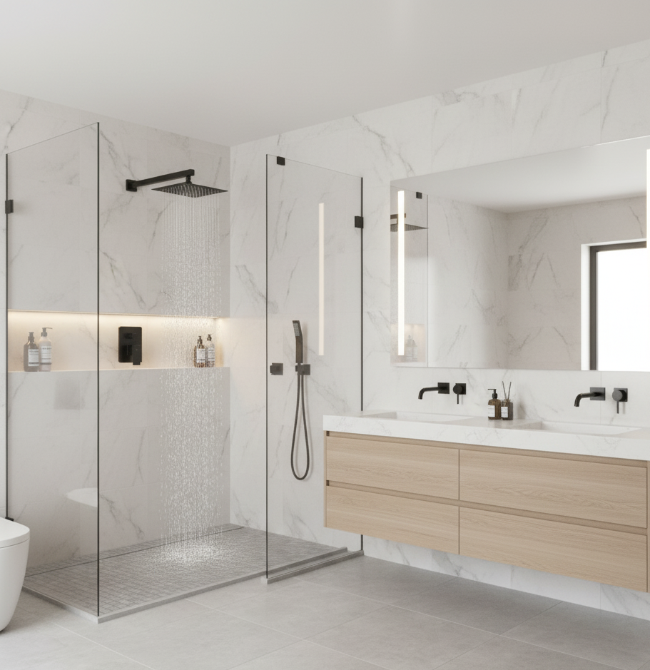 Square Shower System Set Two Functions With Pressure-Balance Valve Matte Black Finish