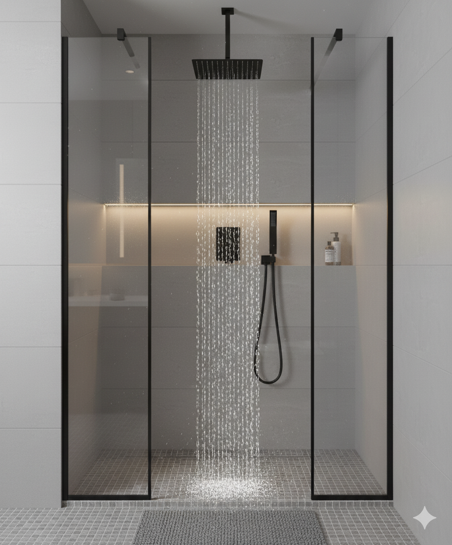 Ceiling Square Shower System Two Functions With Pressure-Balance Valve Matte Black