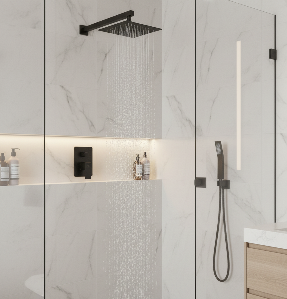 Square Shower System Set Two Functions With Pressure-Balance Valve Matte Black Finish