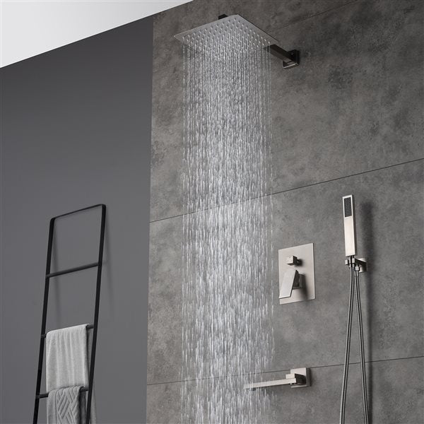 Swirling Spout Tub Shower System Set Three Functions With Pressure-Balance Valve Brushed Nickel Finish