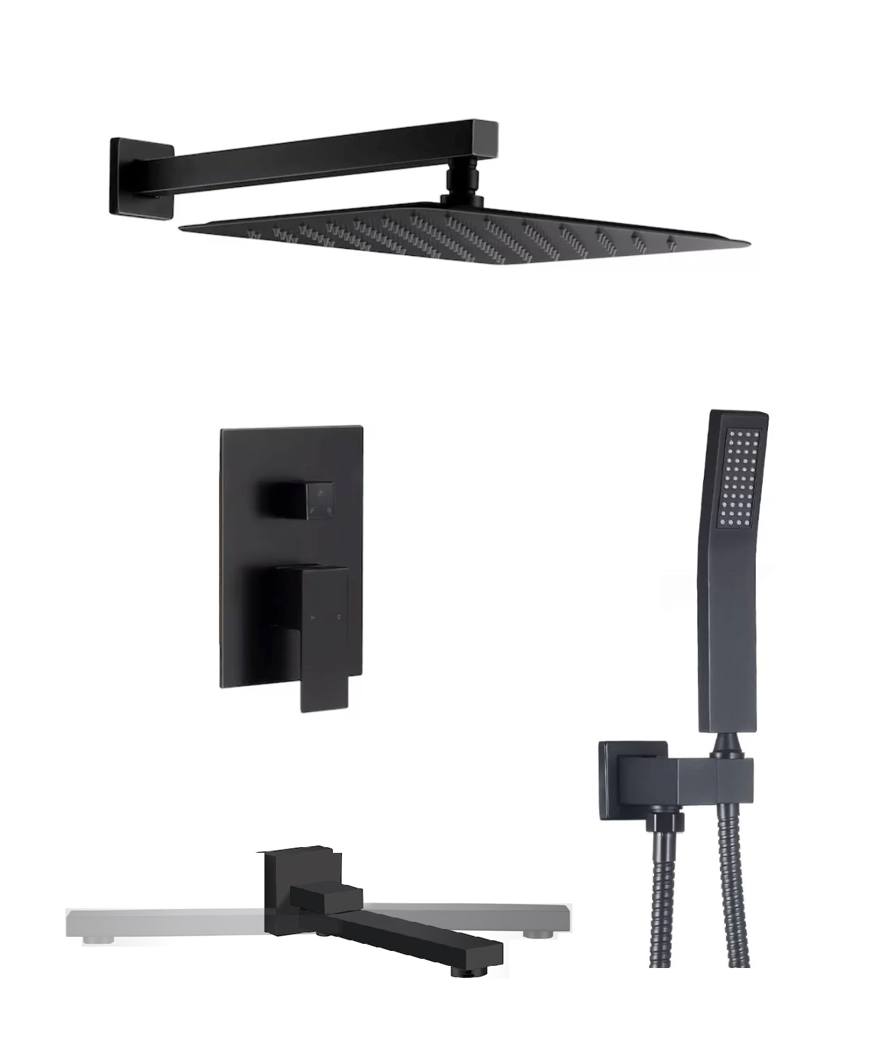 Swirling Spout Tub Shower System Set Three Function With Pressure-Balance Valve Matte Black Finish