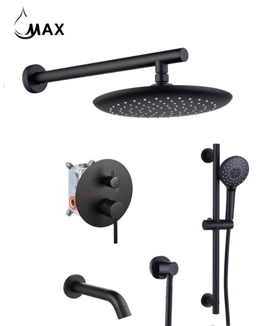 Round Wall Mounted Shower System Three Functions With Hand-Held Slide Bar Matte Black Finish