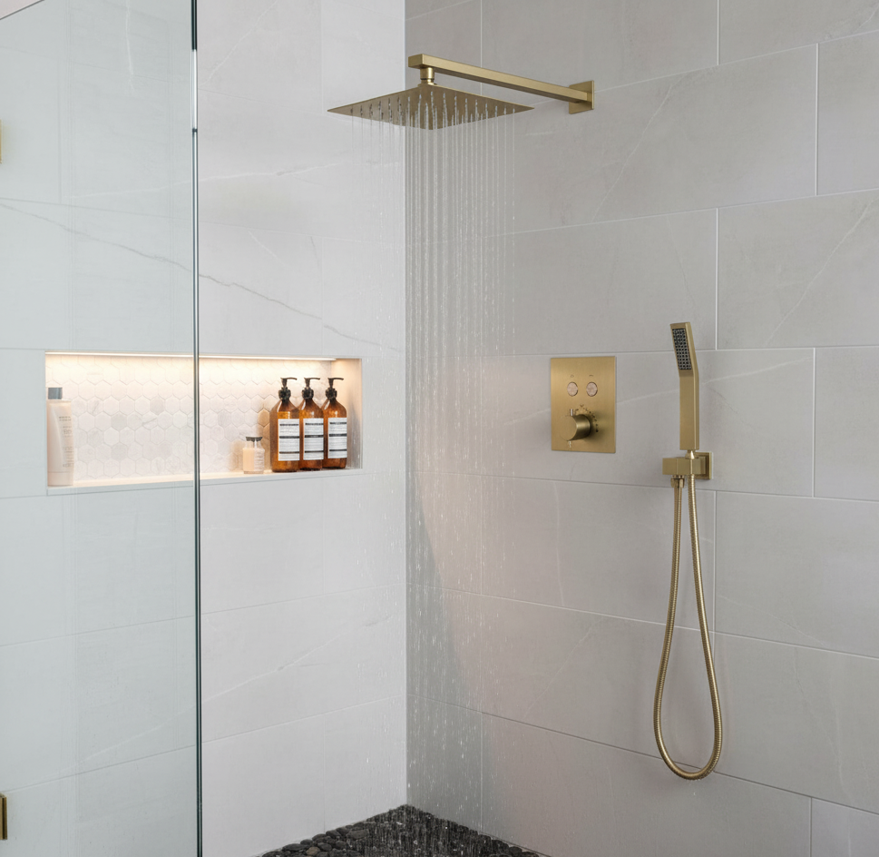 Thermostatic Shower System Set Two Functions With Push-Buttons and Pressure balance Valve Brushed Gold Finish
