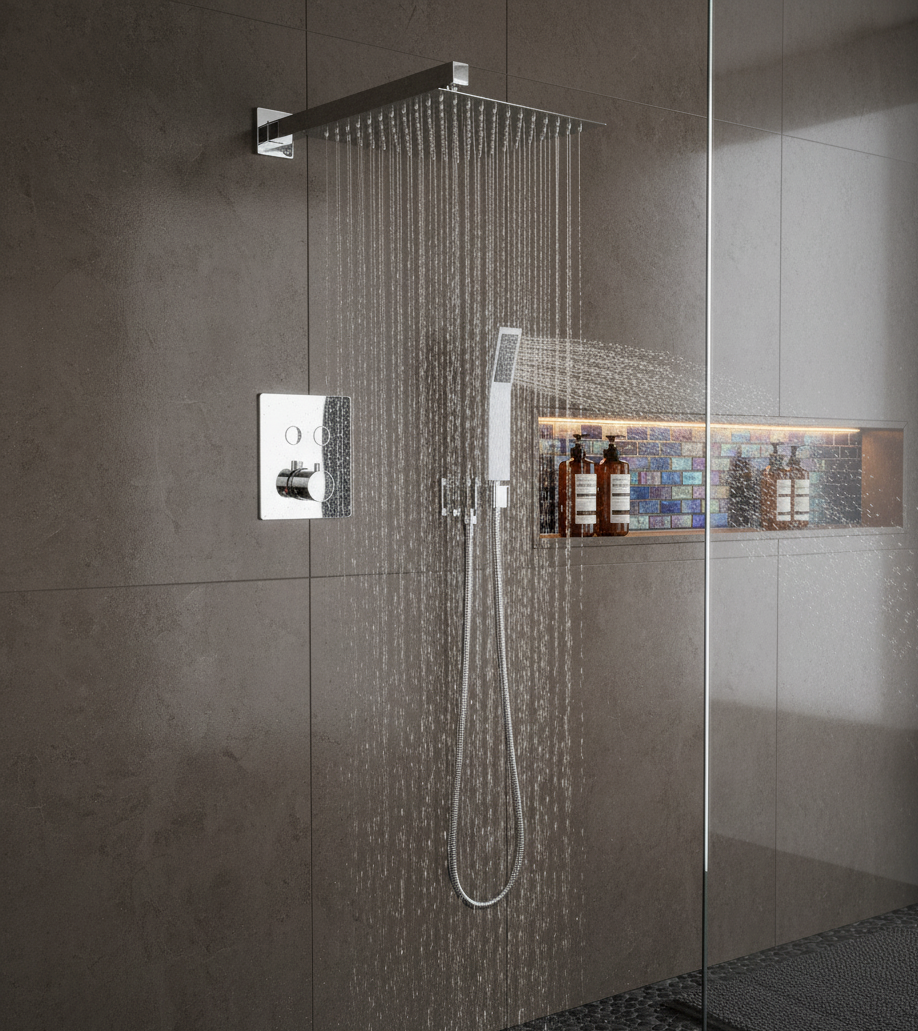 Thermostatic Shower System Set Two Functions With Push-buttons Pressure Balance Valve Chrome Finish