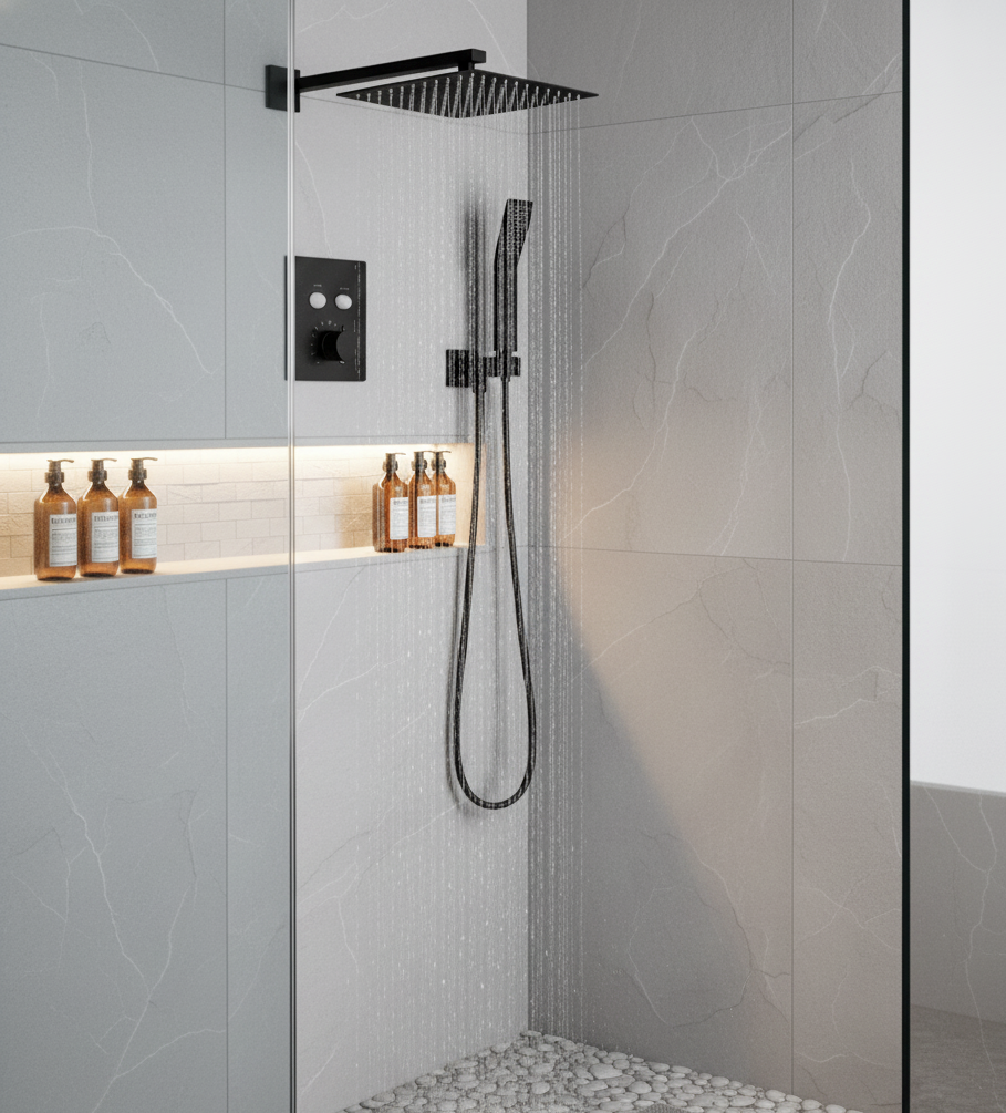 Thermostatic Shower System Two Functions With Push-buttons Pressure-Balance Valve Matte Black Finish