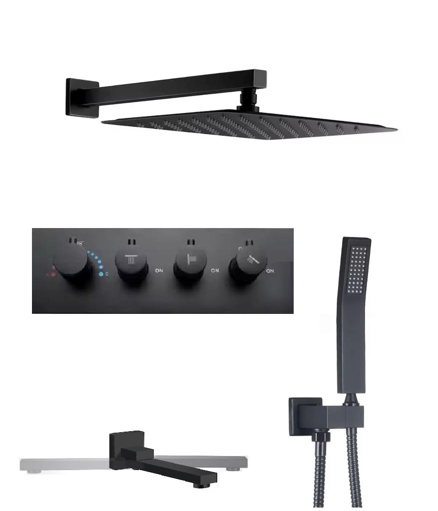 MAX Faucets | Thermostatic Shower System Set – 3 Functions with Knobs | Pressure Balance Valve | Matte Black Finish