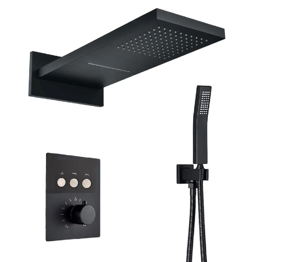 Thermostatic Shower System Set – Waterfall & Rainfall Showerhead, Three Functions with Pressure Balance Valve (Matte Black) | MAX Faucets