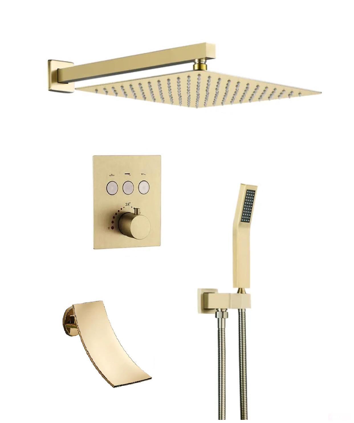 Thermostatic Shower System Set Waterfall Spout Three Functions With pressure balance valve Brushed Gold