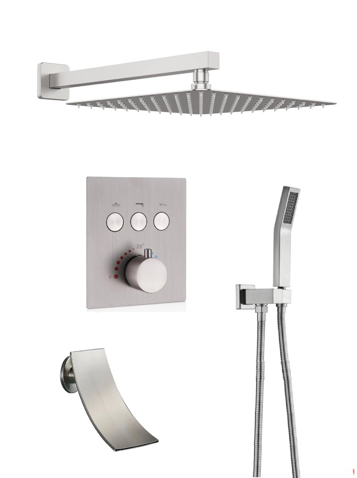 Thermostatic Shower System Set Waterfall Spout Three Functions With pressure balance valve Brushed Nickel