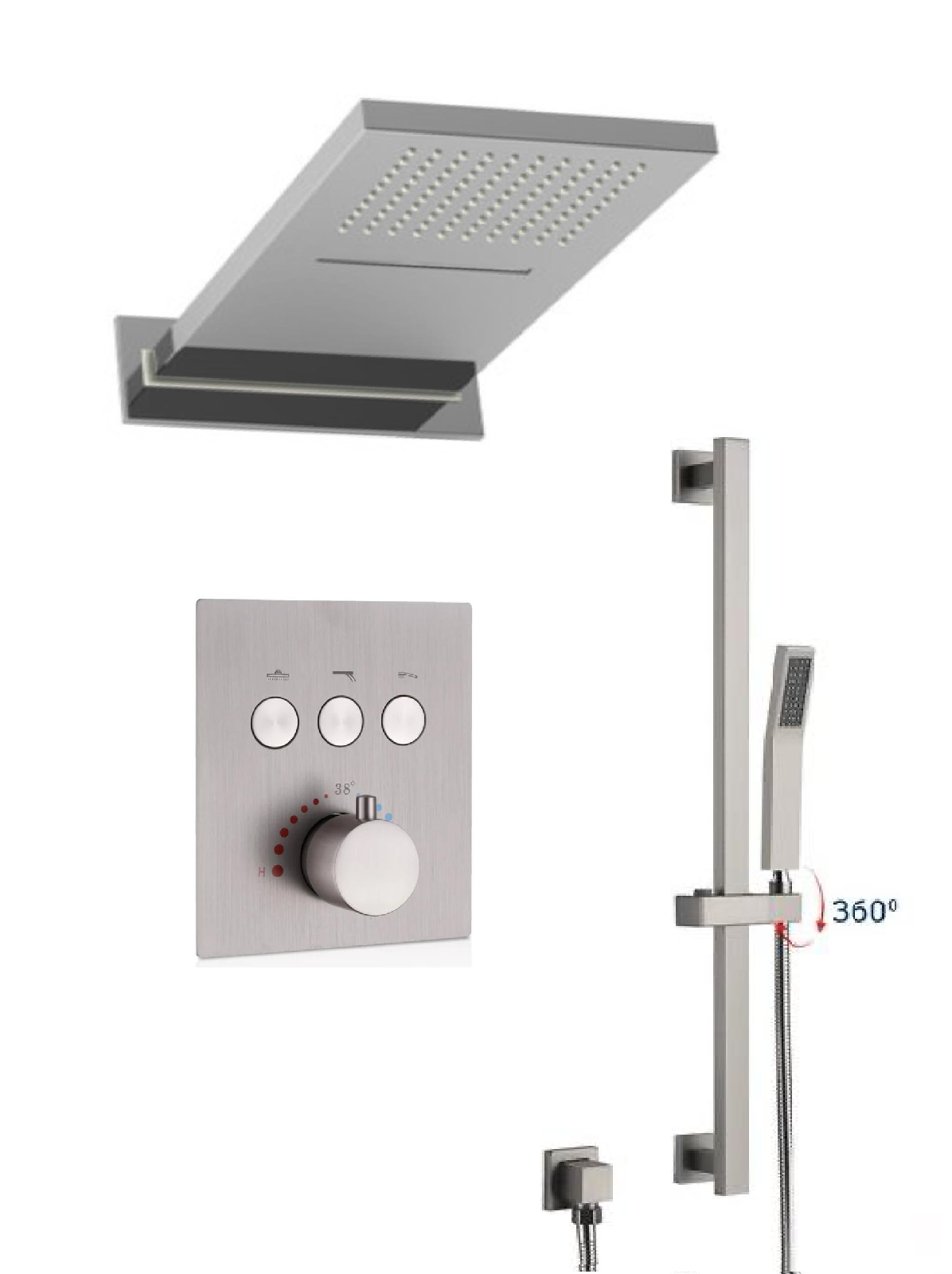 MAX Faucets | 3-Function Thermostatic Shower System with Push Buttons – Waterfall & Rainfall Showerhead, Slide Bar & Adjustable Handheld (Brushed Nickel)