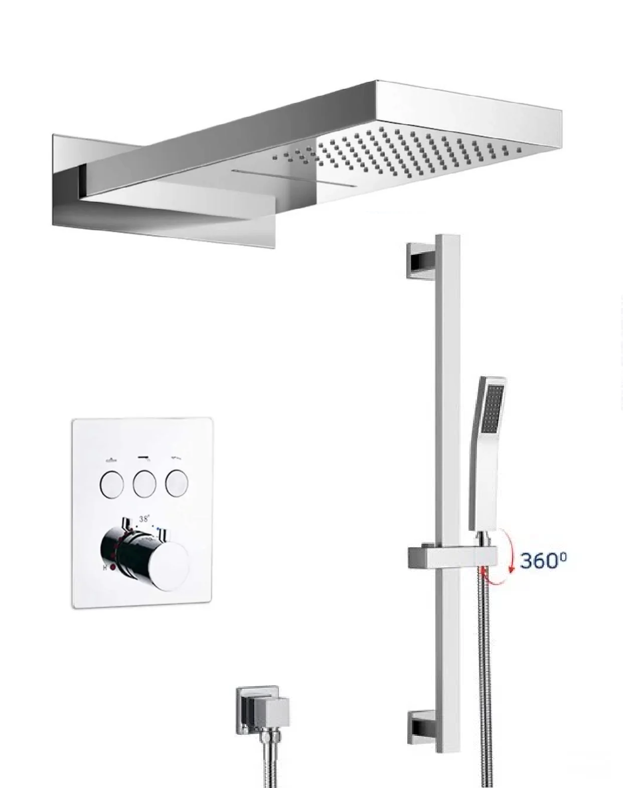 MAX Faucets | 3-Function Thermostatic Shower System with Push Buttons – Waterfall & Rainfall Showerhead, Slide Bar & Adjustable Handheld (Chrome)