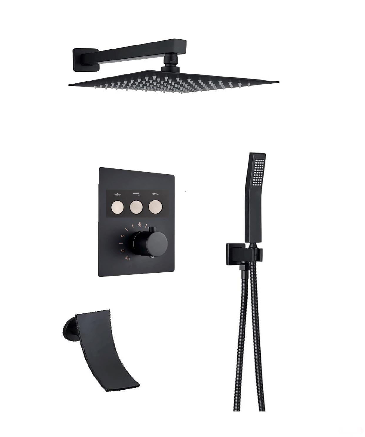 Thermostatic Shower System Set Waterfall Spout Three Functions With pressure balance valve Matte Black.