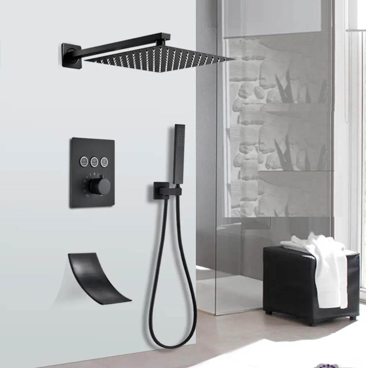 Thermostatic Shower System Set Waterfall Spout Three Functions With pressure balance valve Matte Black.