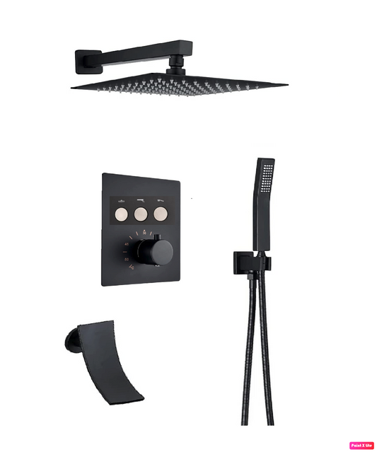 Thermostatic Shower System Set Waterfall Spout Three Functions With pressure balance valve Matte Black.