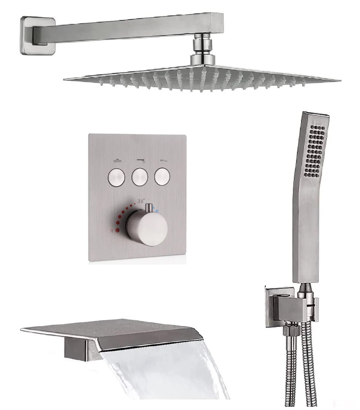 Waterfall Spout Thermostatic Shower System Set Three Function With Pressure Balance valve Brushed Nickel