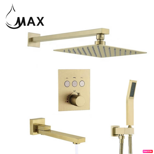 Thermostatic Shower System Set with Push Buttons Three Functions With Pressure Balance Valve Brushed Gold Finish