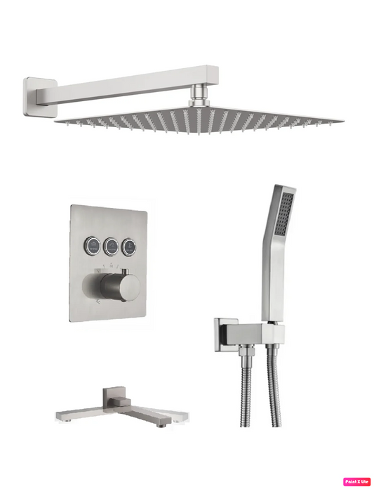 Thermostatic Square Shower System Set Three Functions With Pressure Balance Valve Brushed Nickel Finish