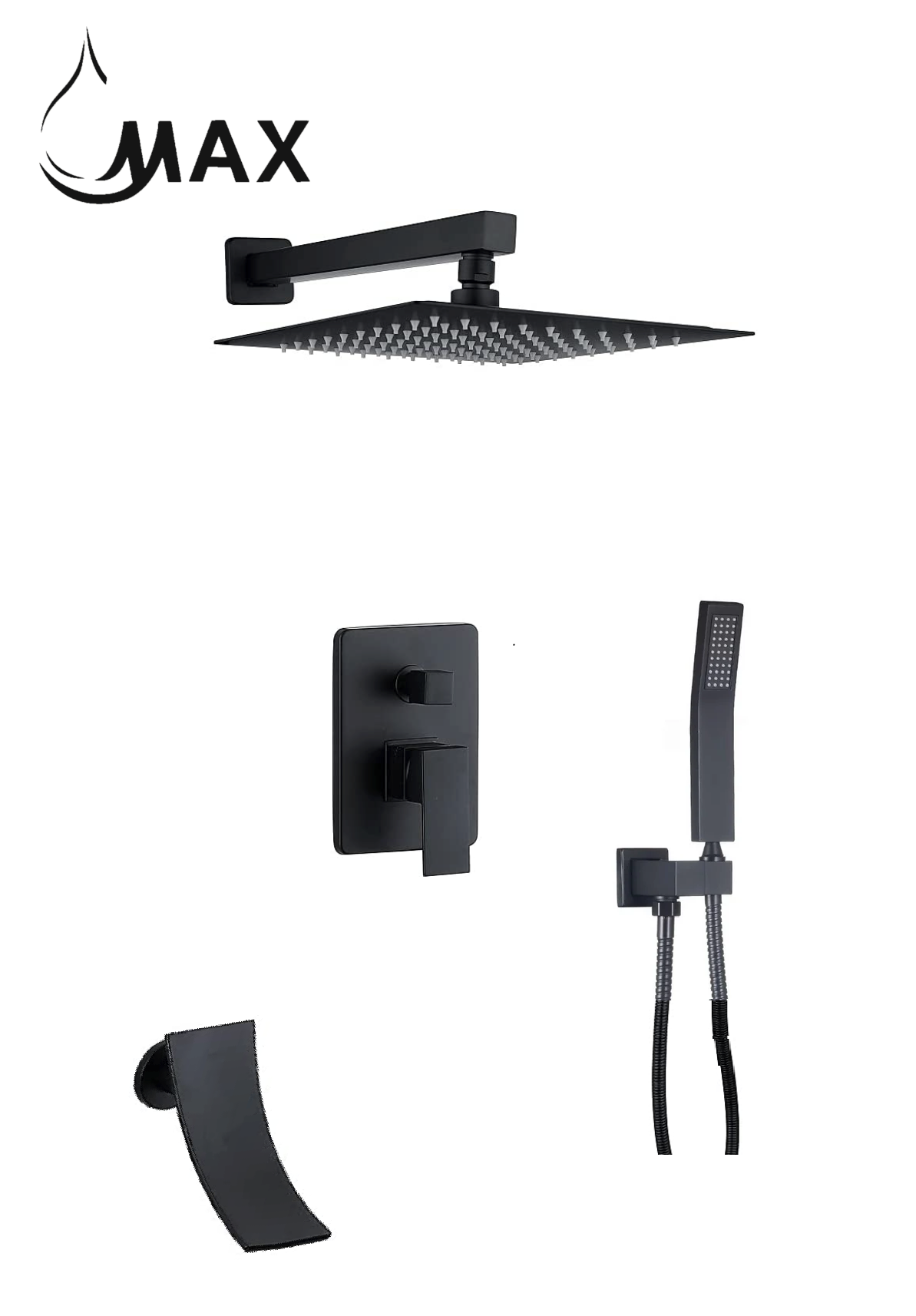 Waterfall Spout Shower System Set – Three Functions with Pressure Balance Valve | Matte Black Finish