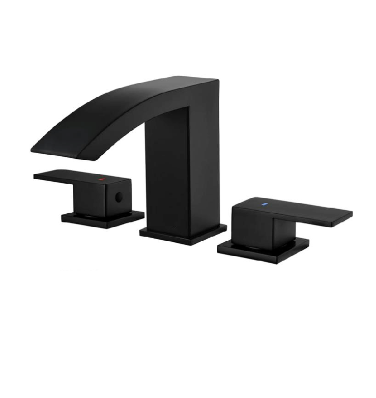 MAX Faucets Waterfall Two-Handle Widespread Bathroom Faucet in a stunning matte black finish.
