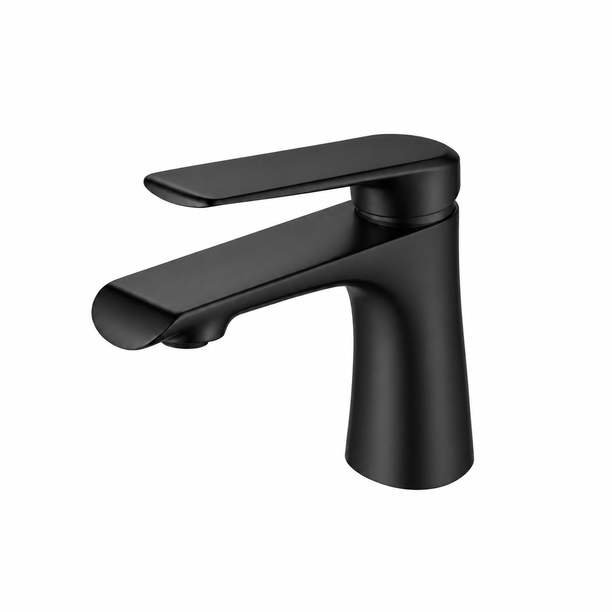 A modern single-handle bathroom faucet in matte black, shown from a three-quarter angle against a plain white background.