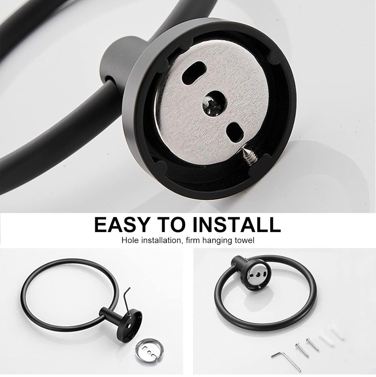 Minimalist matte black towel bar mounted on marble bathroom wall