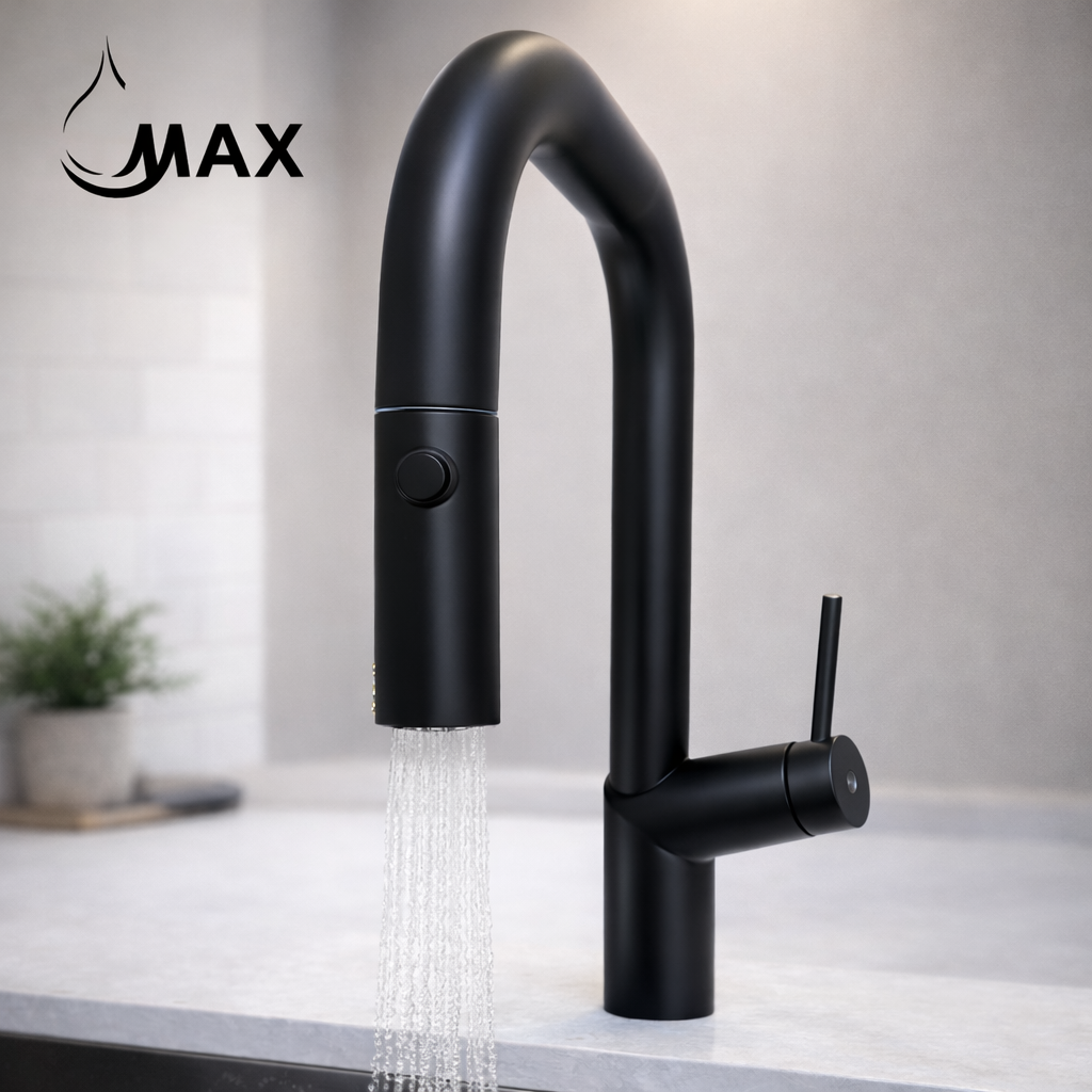 Matte black kitchen faucet with flexible hose and spray head