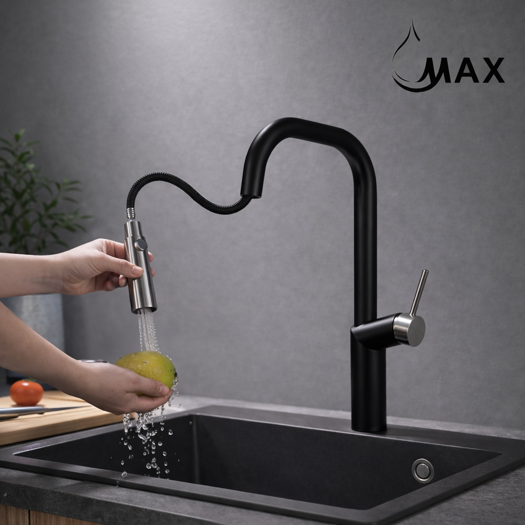 Matte black pull-out kitchen faucet with high-arc gooseneck design