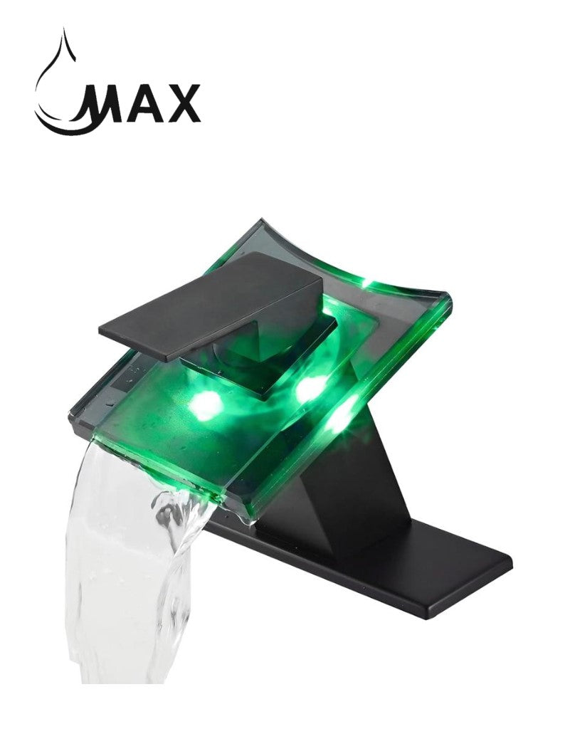 Matte black LED waterfall faucet showing blue, green and red temperature lights