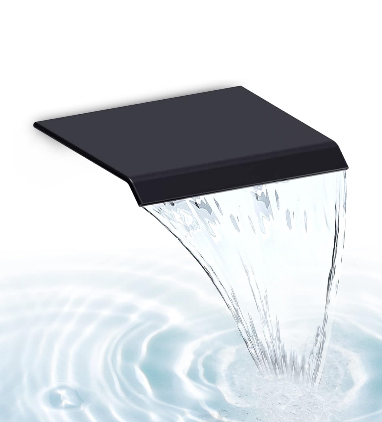 Wide matte black waterfall tub spout with smooth cascading water flow