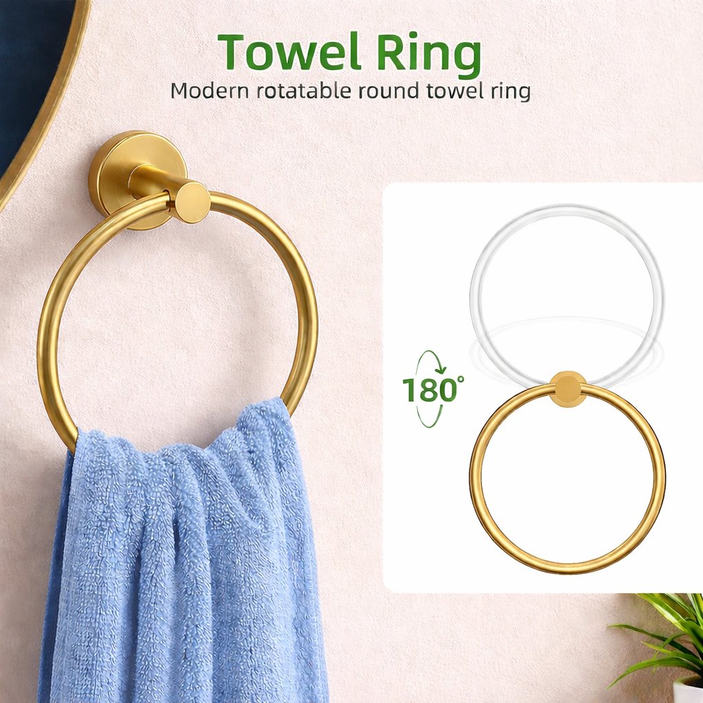 Brushed gold towel ring with 180-degree rotation holding a blue towel