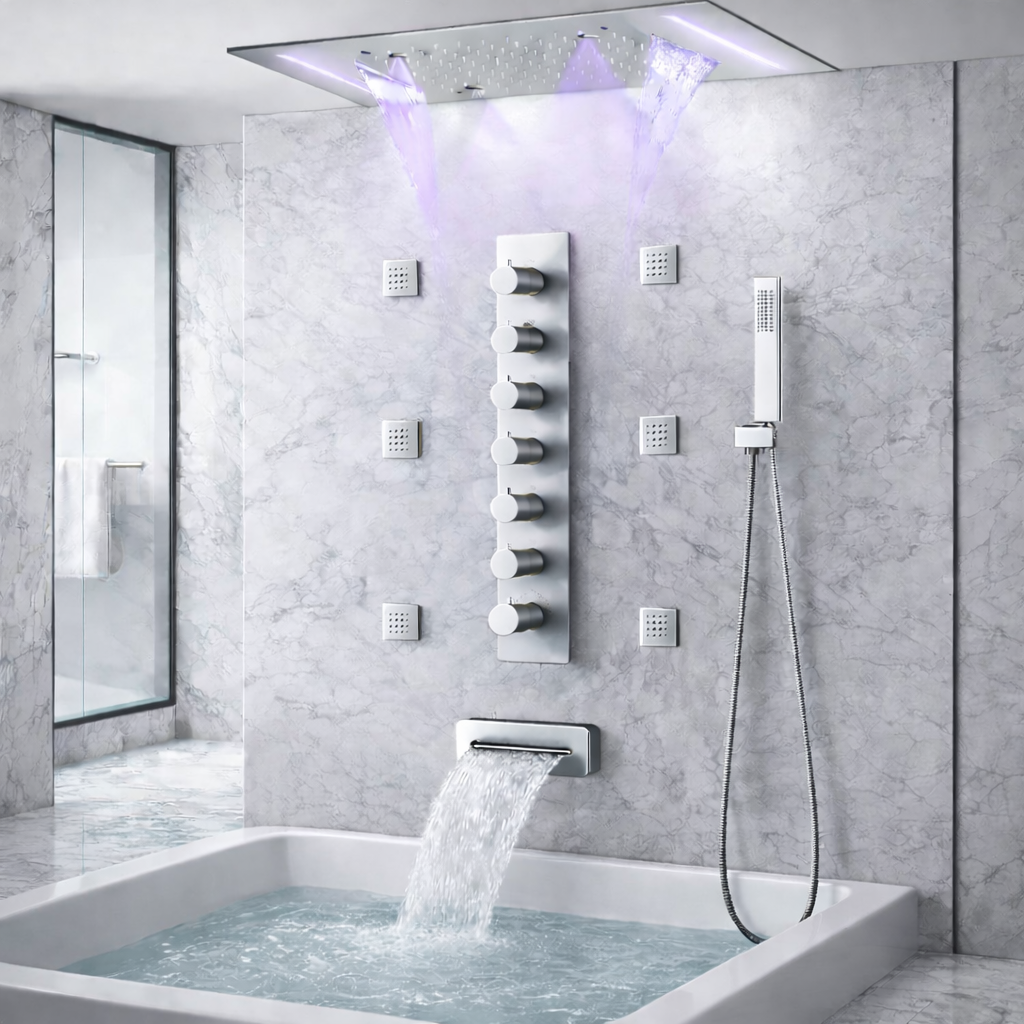 Polished chrome thermostatic shower control panel with pressure balance valve by MAX Faucets