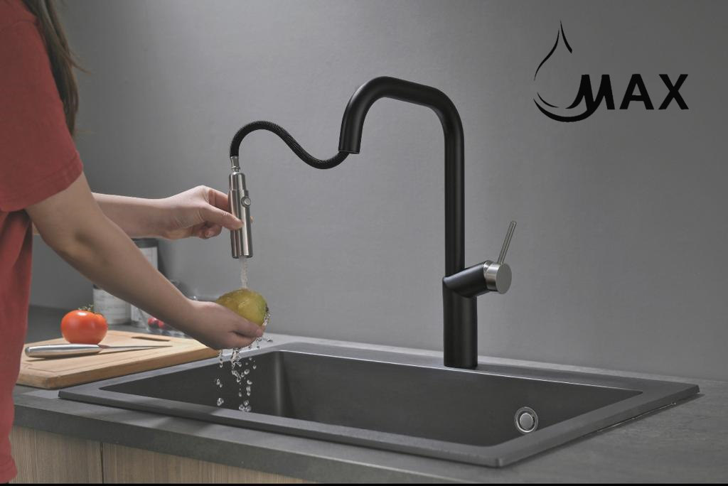 Matte black kitchen faucet with flexible hose and spray head