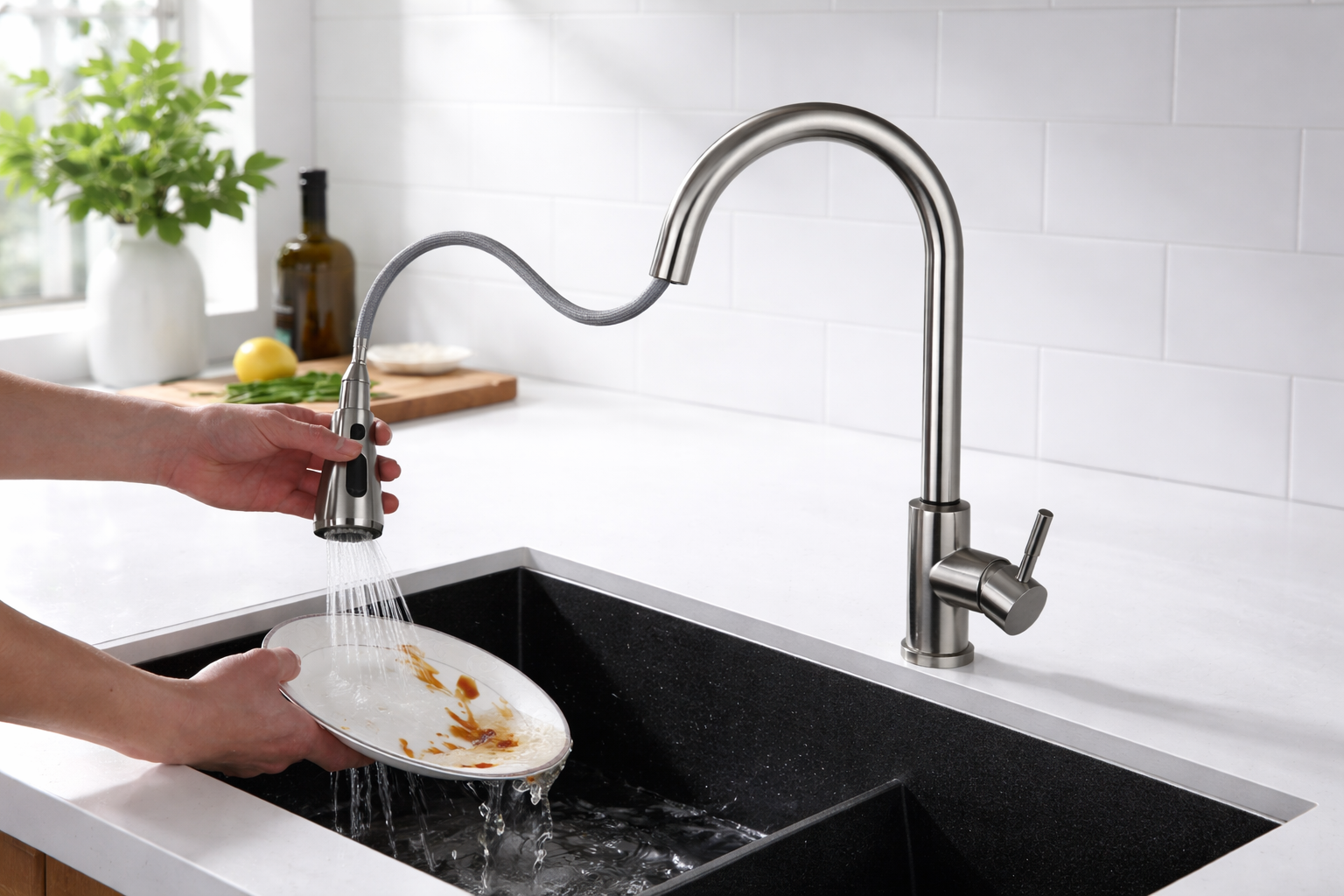 Brushed nickel pull-down kitchen faucet with spray head by MAX Faucets® for modern kitchen sink