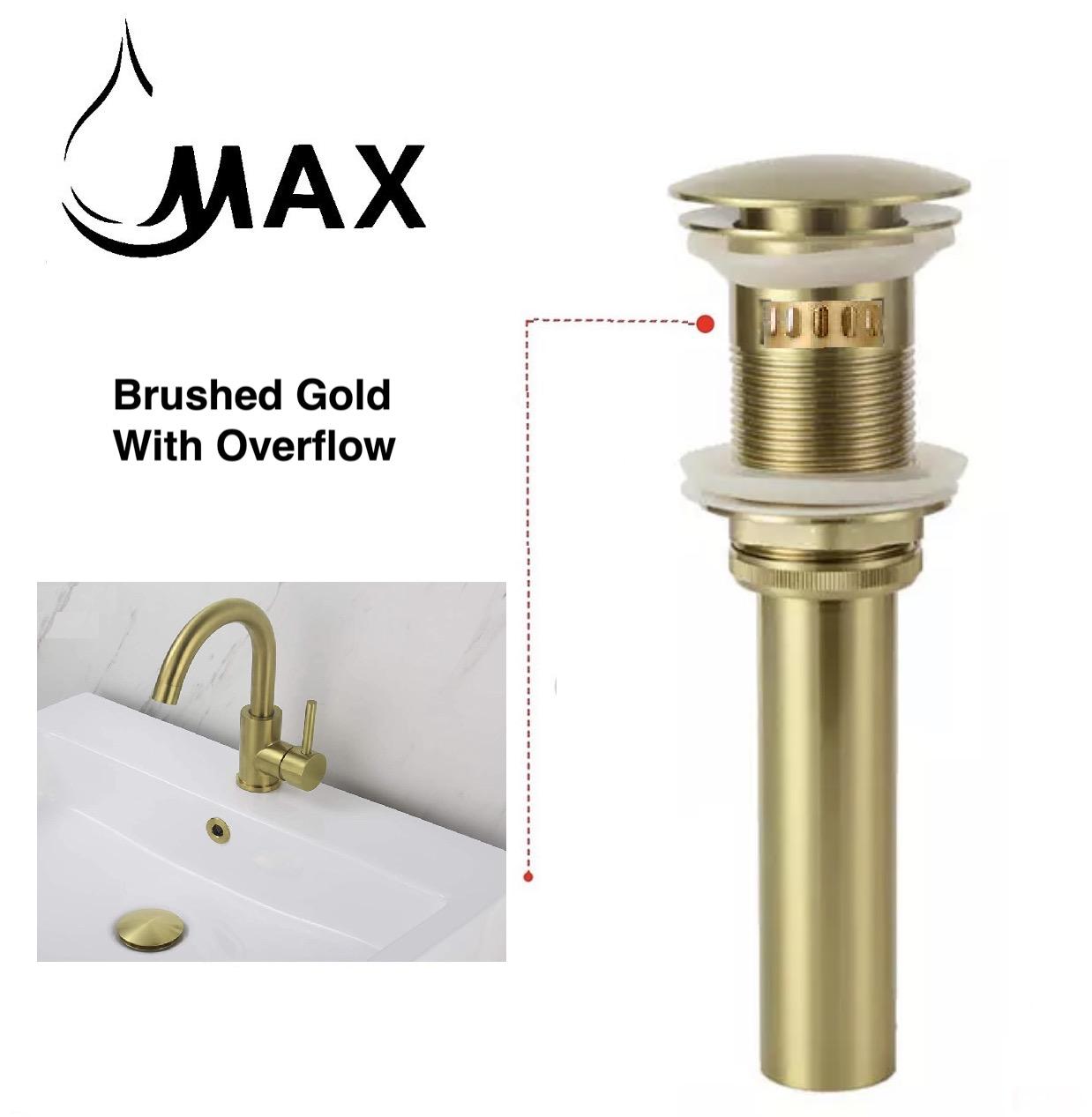 MAX Faucets | Solid Brass Pop-Up Bathroom Sink Drain Assembly – Brushed Gold Finish with Overflow and Hair Catcher