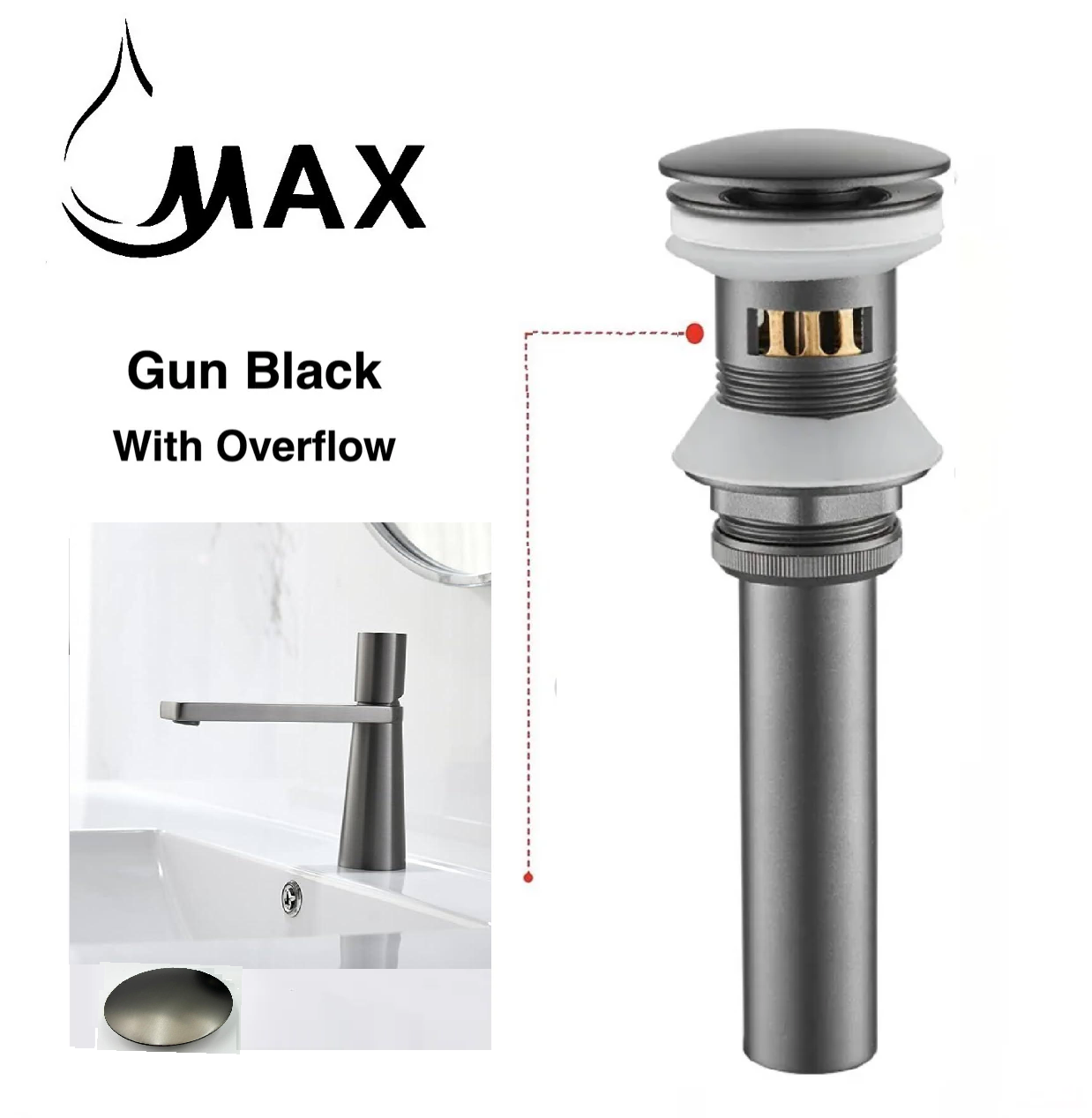 MAX Faucets | Metal Push Pop-Up Bathroom Sink Drain Assembly with Overflow – Gun Black Finish