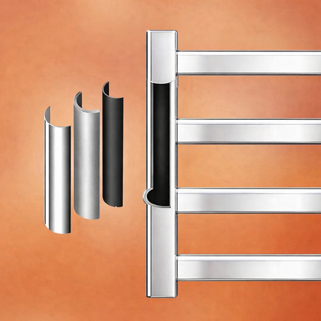 Dimensions of polished chrome electric towel warmer rack showing 580 mm width and 300 mm height