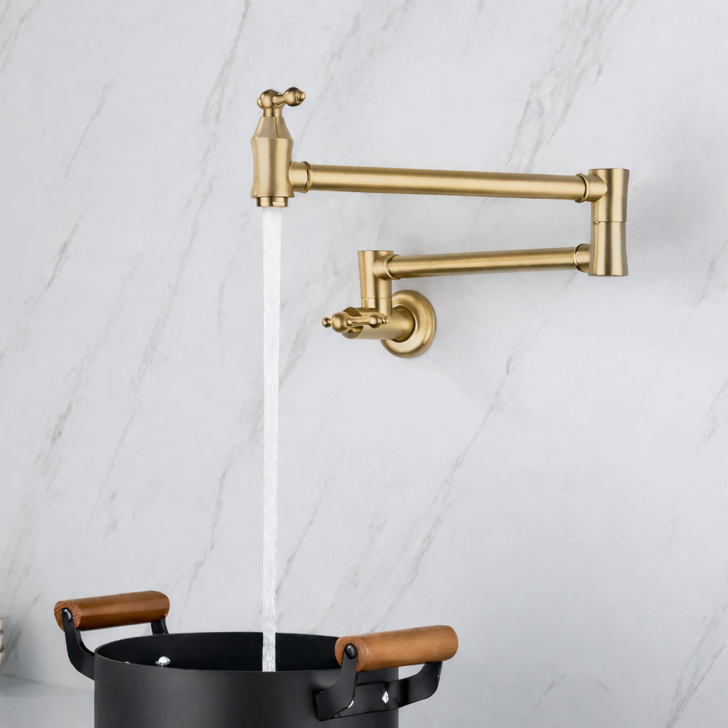 MAX Faucets Pot Filler Faucet Double Handle Traditional Wall Mounted 27" With Accessories Brushed Gold Finish