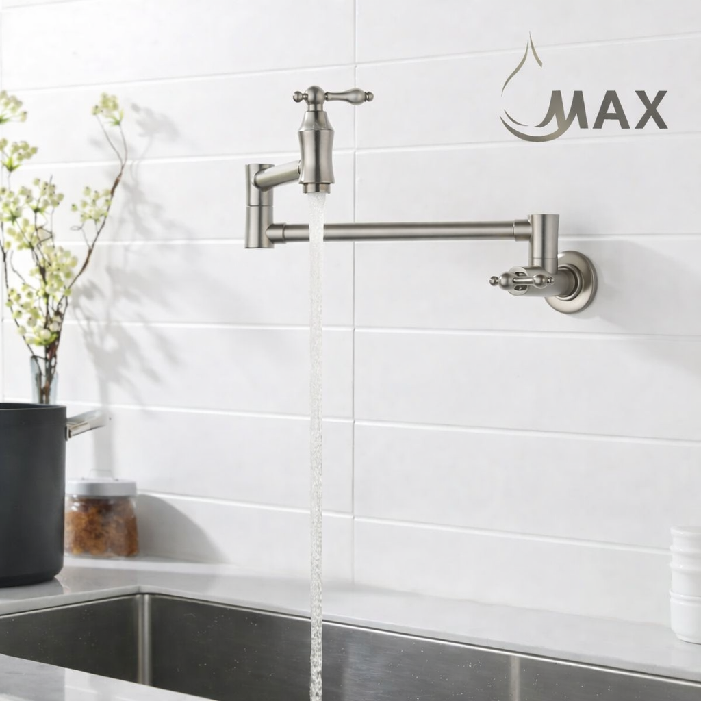 Pot Filler Faucet Double Handle Traditional Wall Mounted 27" With Accessories Brushed Nickel Finish