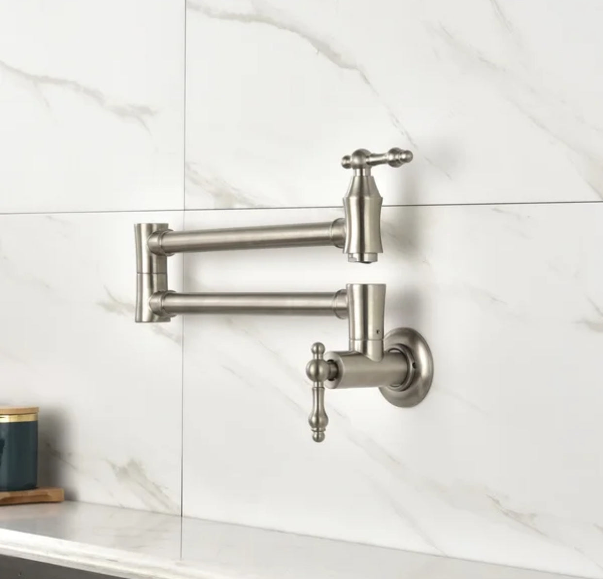 Pot Filler Faucet Double Handle Traditional Wall Mounted 27" With Accessories Brushed Nickel Finish
SKU: PF-2004-BN