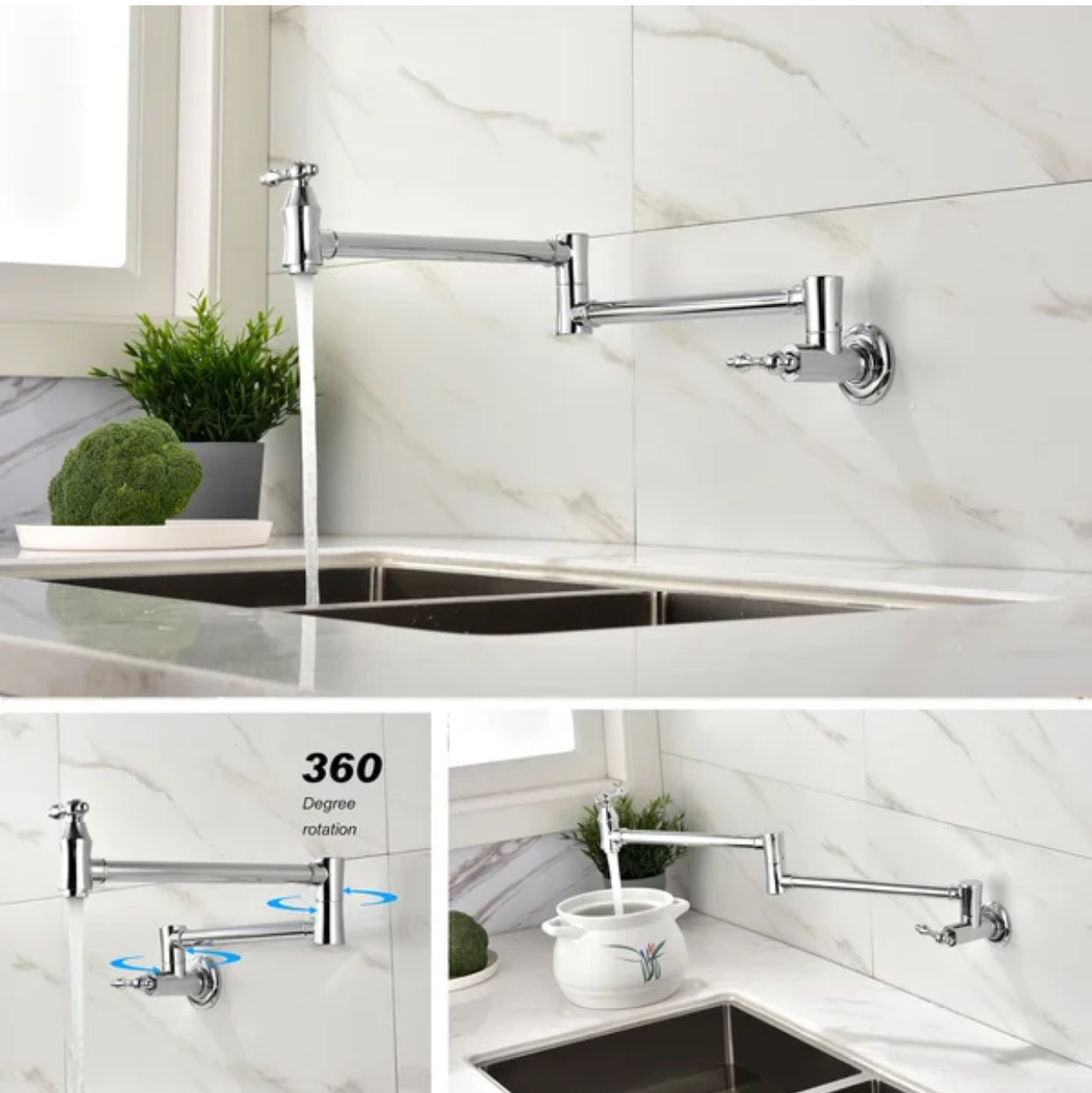 Pot Filler Faucet Double Handle Traditional Wall Mounted 27" With Accessories Chrome Finish
SKU: PF-2004-C