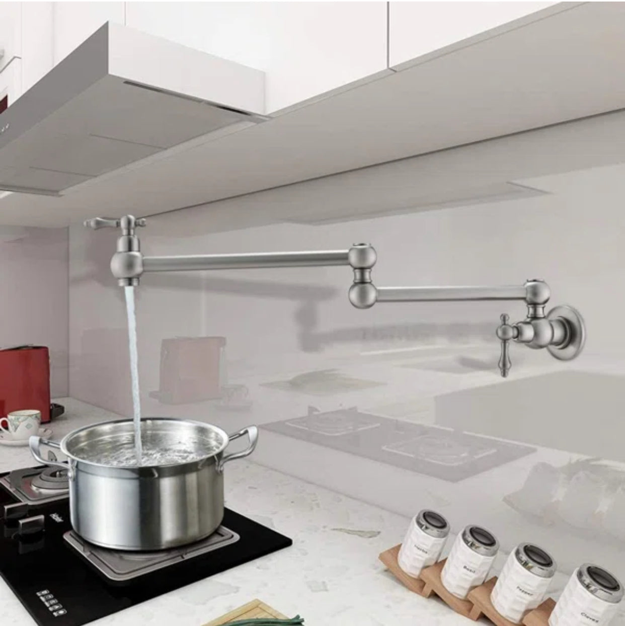 Pot Filler Faucet Double Handle Traditional Wall Mounted With Accessories 22" Brushed Nickel Finish
SKU: PF-2008-BN