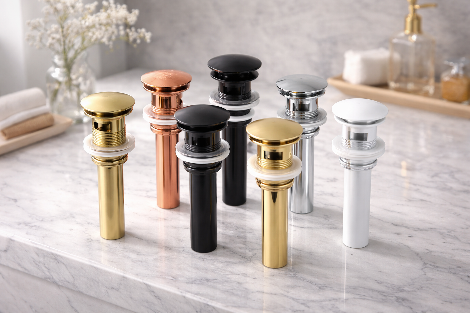 Premium pop-up bathroom sink drain with overflow and non-overflow options in modern finish