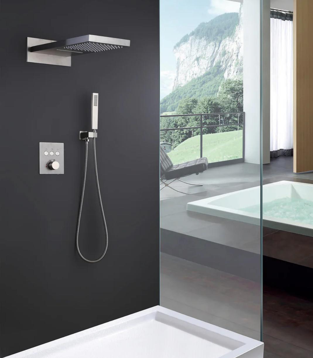 MAX Faucets Premium brushed nickel shower fixture with rainfall waterfall and handheld functions
